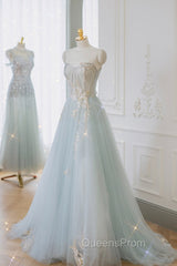 Blue Strapless Lace Evening Prom Dress, A-Line Tulle Evening Party Dress