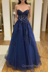 Blue Strapless Lace Long Evening Prom Dress, A-Line Evening Dress Party Dress