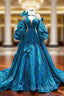 Blue Strapless Pleats Evening Prom Dress With Shawl