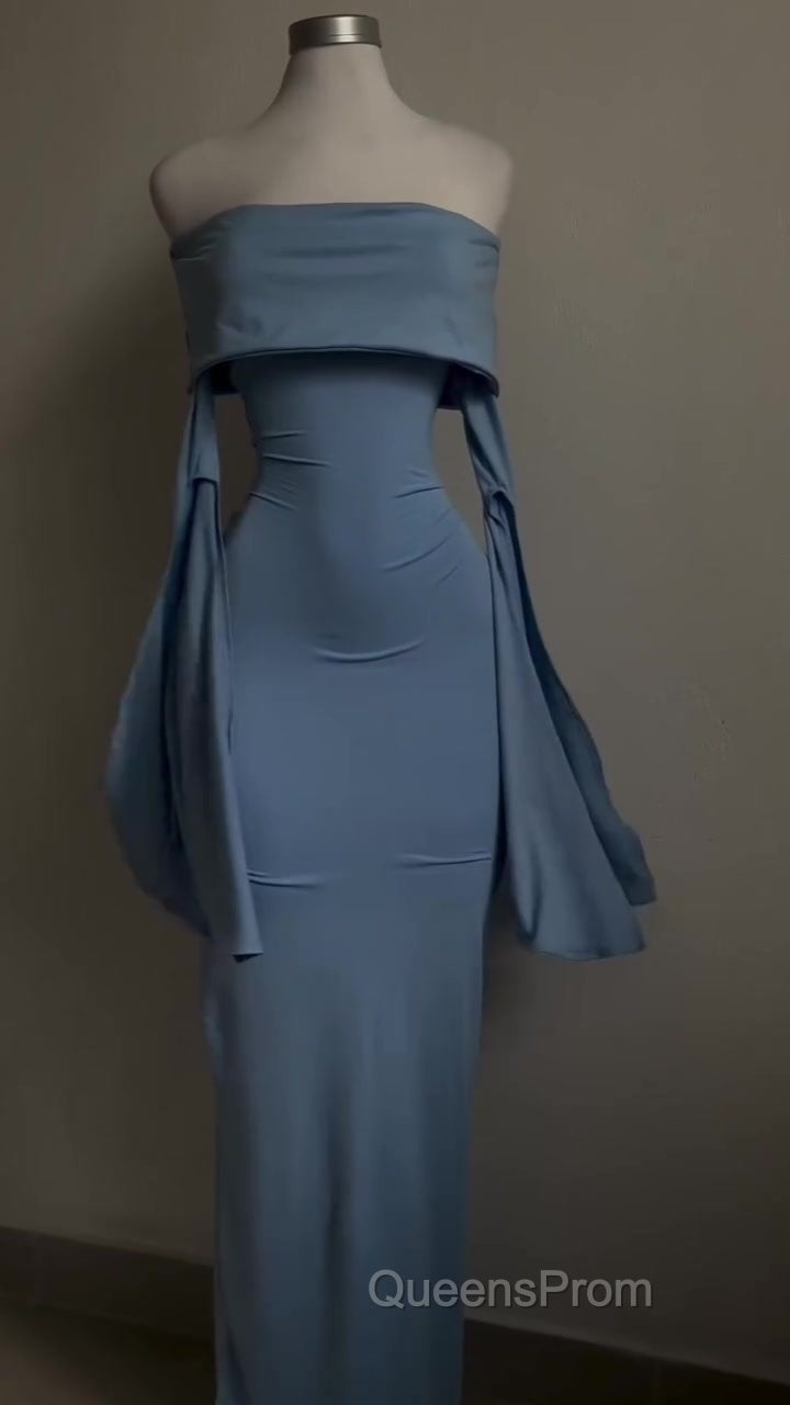 Blue Strapless Evening Prom Dress Long Sleeve Bodycon Party Dress
