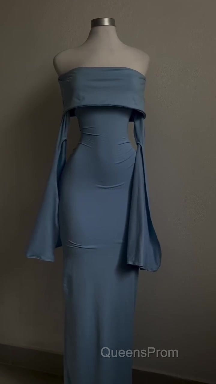 Blue Strapless Evening Prom Dress Long Sleeve Bodycon Party Dress
