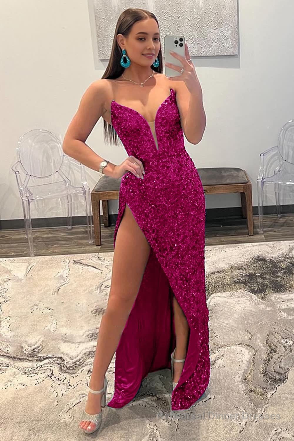 Blue Strapless Sequin Prom Dress with Slit