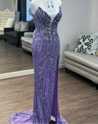 Vintage Strapless Sequins V-Neck Sheath High Slit Long Classy Prom Dress