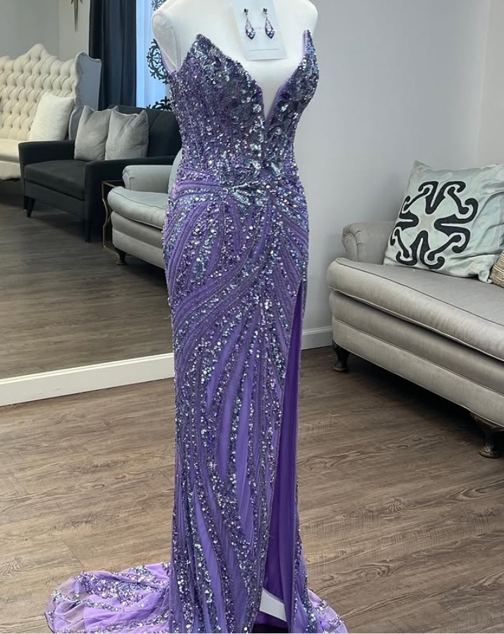 Vintage Strapless Sequins V-Neck Sheath High Slit Long Classy Prom Dress