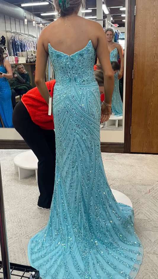 Vintage Strapless Sequins V-Neck Sheath High Slit Long Classy Prom Dress
