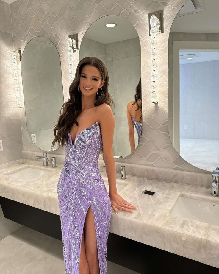Vintage Strapless Sequins V-Neck Sheath High Slit Long Classy Prom Dress