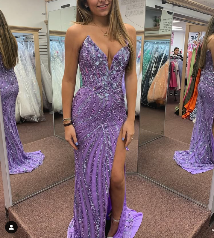 Vintage Strapless Sequins V-Neck Sheath High Slit Long Classy Prom Dress