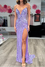 Vintage Strapless Sequins V-Neck Sheath High Slit Long Classy Prom Dress