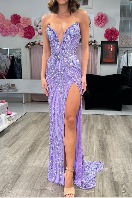 Vintage Strapless Sequins V-Neck Sheath High Slit Long Classy Prom Dress
