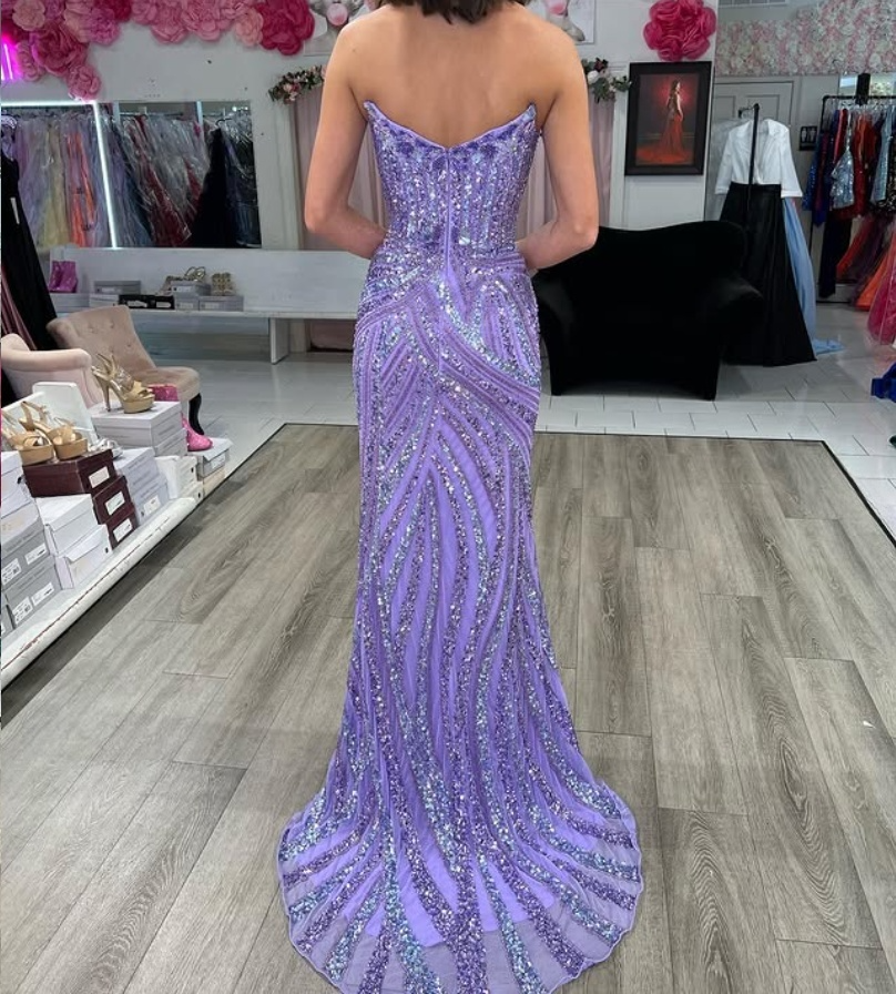 Vintage Strapless Sequins V-Neck Sheath High Slit Long Classy Prom Dress