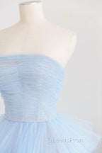 Blue Strapless Tulle Layers Long Evening Prom Dress, A-Line Evening Dress