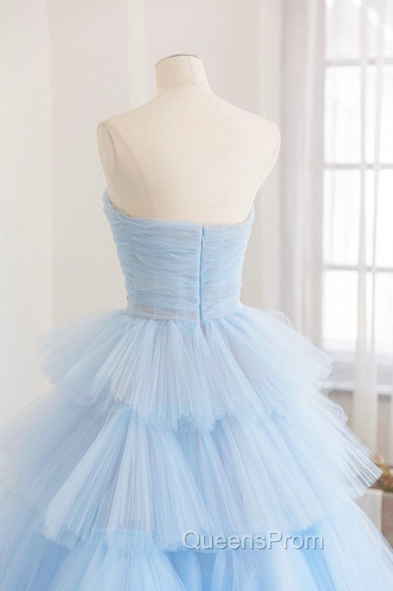 Blue Strapless Tulle Layers Long Evening Prom Dress, A-Line Evening Dress