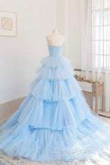 Blue Strapless Tulle Layers Long Evening Prom Dress, A-Line Evening Dress