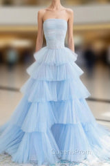 Blue Strapless Tulle Layers Long Evening Prom Dress, A-Line Evening Dress