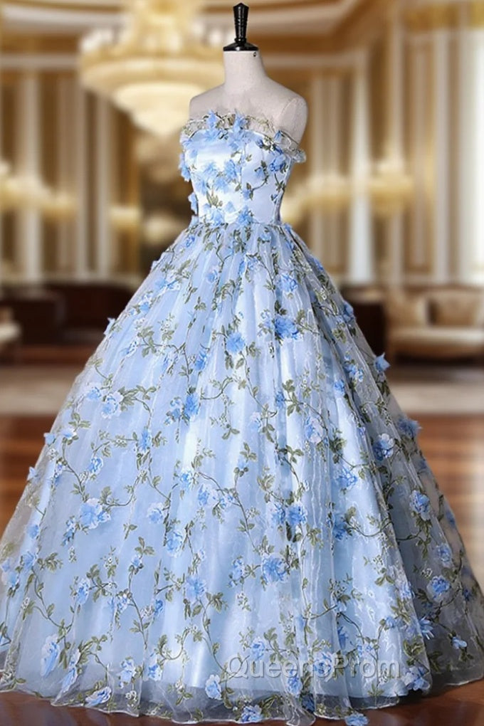 Blue Strapless Tulle Long Evening Prom Dress, A-Line Evening Dress Party Dress Main image