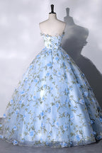 Blue Strapless Tulle Long Evening Prom Dress, A-Line Evening Dress Party Dress