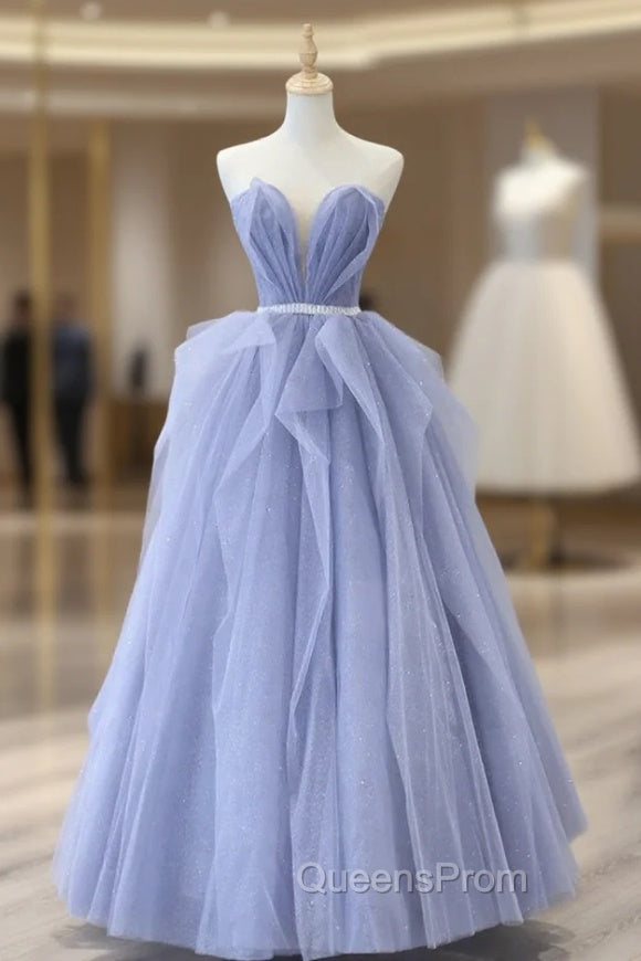 Blue Strapless Tulle Long Evening Prom Dress, Lovely Sweetheart Neckline Evening Dress Main image