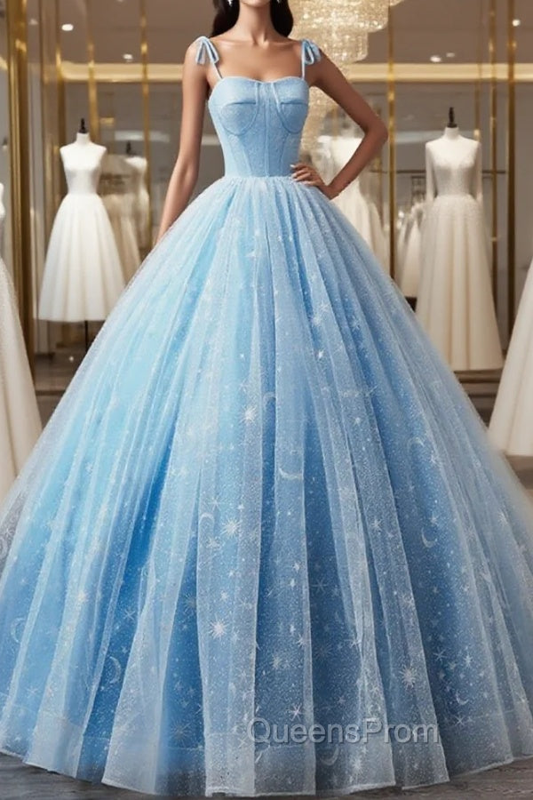 Blue Straps Tulle Floral Long Evening Prom Dress, Blue Evening Dress Party Dress Secondary image