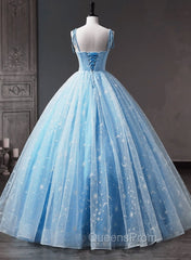 Blue Straps Tulle Floral Long Evening Prom Dress, Blue Evening Dress Party Dress