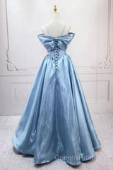 Blue Sweet A-Line Spaghetti Strap Satin Long Evening Prom Dress Evening Party Dress