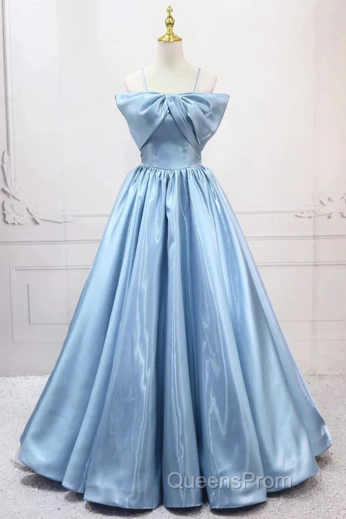 Blue Sweet A-Line Spaghetti Strap Satin Long Evening Prom Dress Evening Party Dress