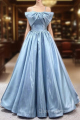 Blue Sweet A-Line Spaghetti Strap Satin Long Evening Prom Dress Evening Party Dress