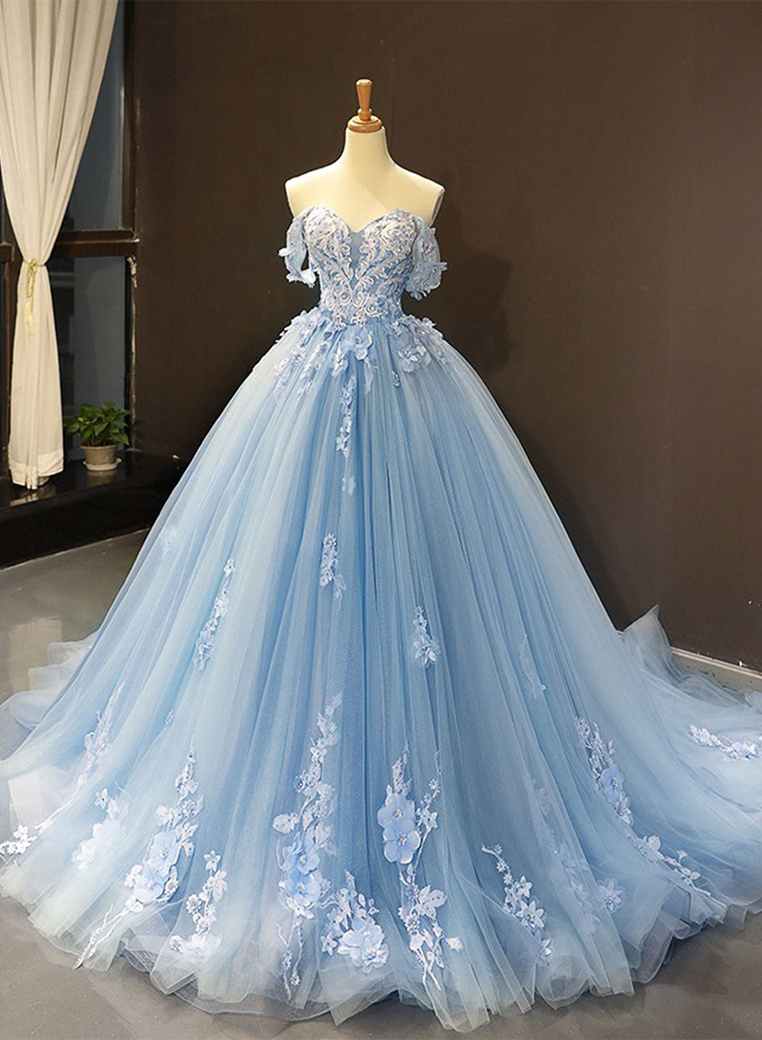 Blue Sweetheart Ball Gown Flowers Sweet 16 Dress, Blue Off Shoulder Wedding Party Dress Main image