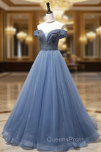 Blue Sweetheart Neck Beads Long Evening Prom Dress, Blue Tulle Evening Dress With Beading Sequin