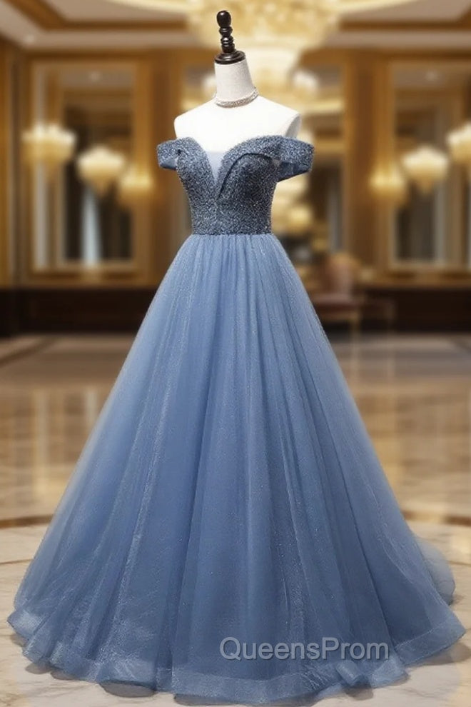 Blue Sweetheart Neck Beads Long Evening Prom Dress, Blue Tulle Evening Dress With Beading Sequin