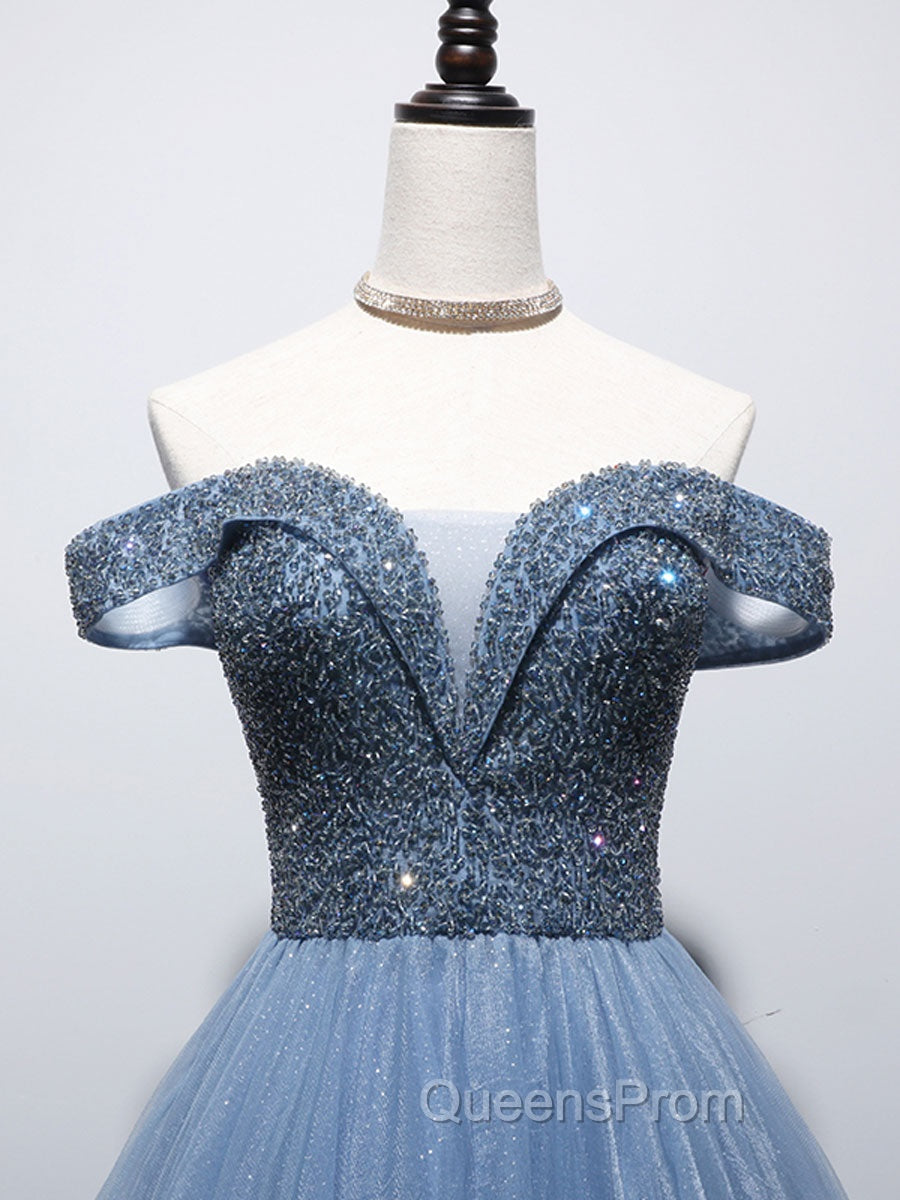 Blue Sweetheart Neck Beads Long Evening Prom Dress, Blue Tulle Evening Dress With Beading Sequin