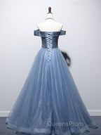 Blue Sweetheart Neck Beads Long Evening Prom Dress, Blue Tulle Evening Dress With Beading Sequin