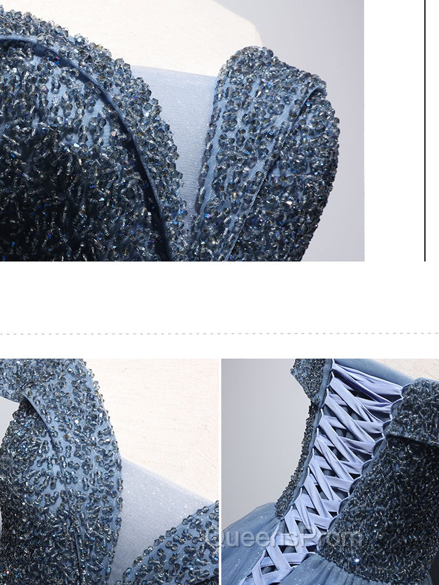 Blue Sweetheart Neck Beads Long Evening Prom Dress, Blue Tulle Evening Dress With Beading Sequin