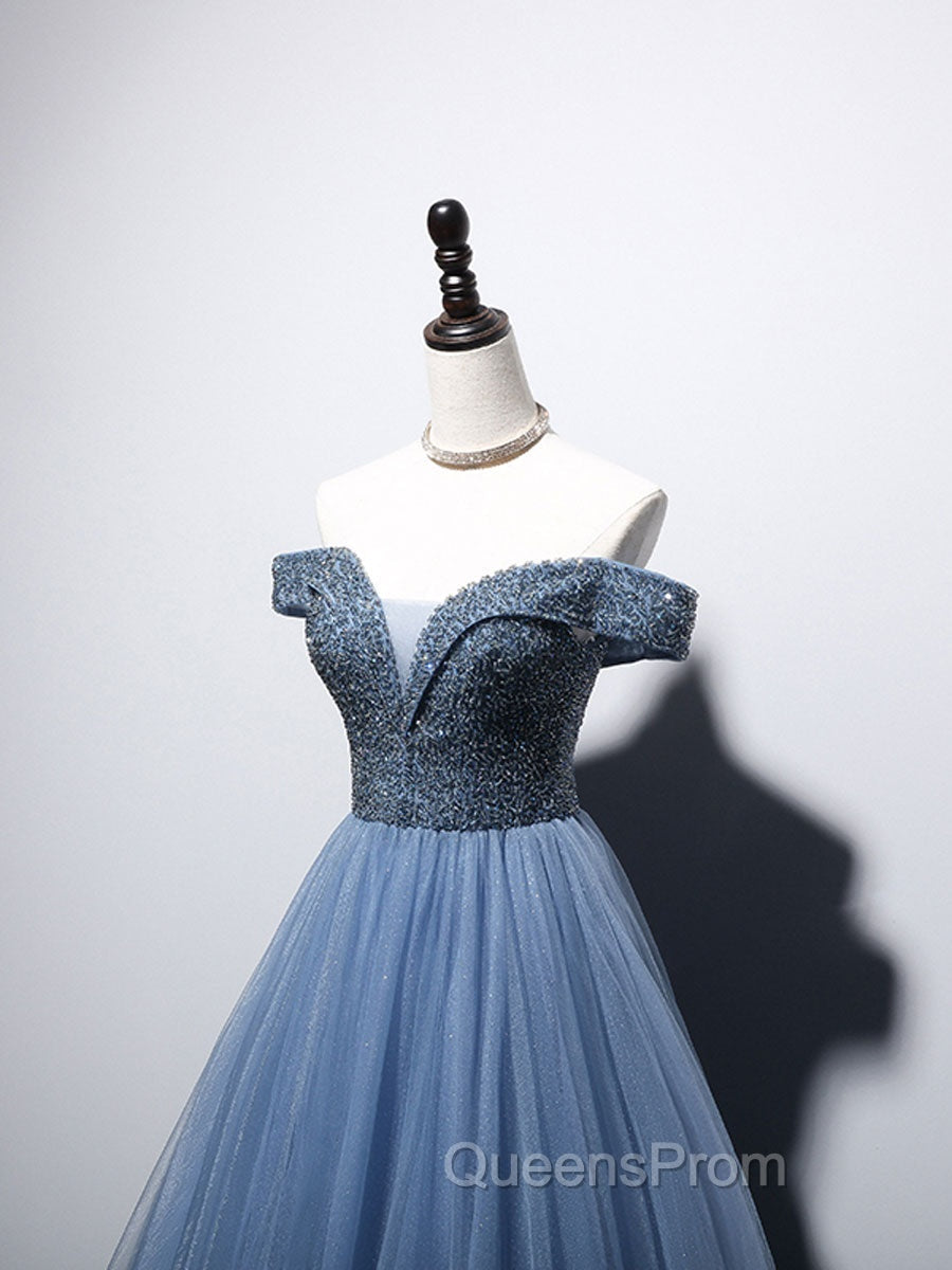Blue Sweetheart Neck Beads Long Evening Prom Dress, Blue Tulle Evening Dress With Beading Sequin