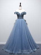 Blue Sweetheart Neck Beads Long Evening Prom Dress, Blue Tulle Evening Dress With Beading Sequin