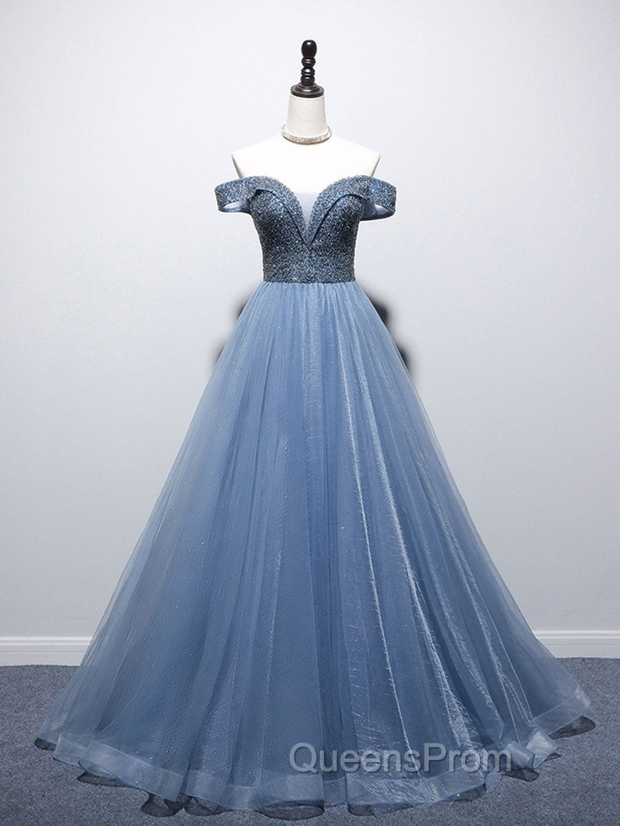 Blue Sweetheart Neck Beads Long Evening Prom Dress, Blue Tulle Evening Dress With Beading Sequin