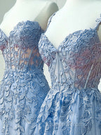 Blue Sweetheart Neck Lace Long Evening Prom Dress, Blue A-line Lace Graduation Dress