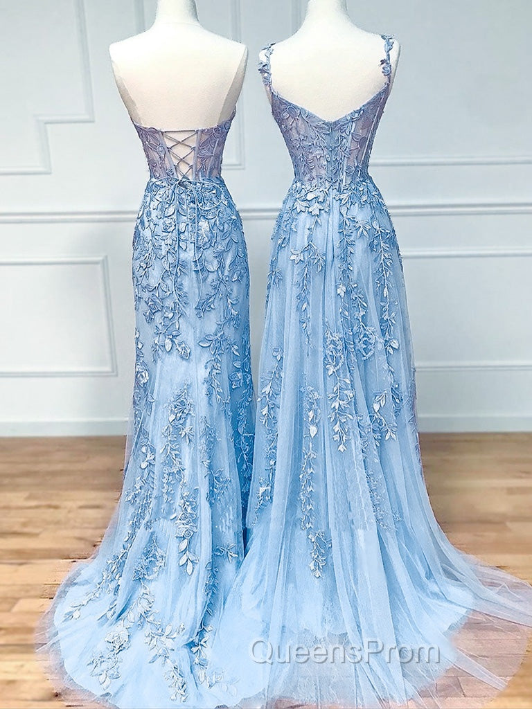 Blue Sweetheart Neck Lace Long Evening Prom Dress, Blue Lace Graduation Dress