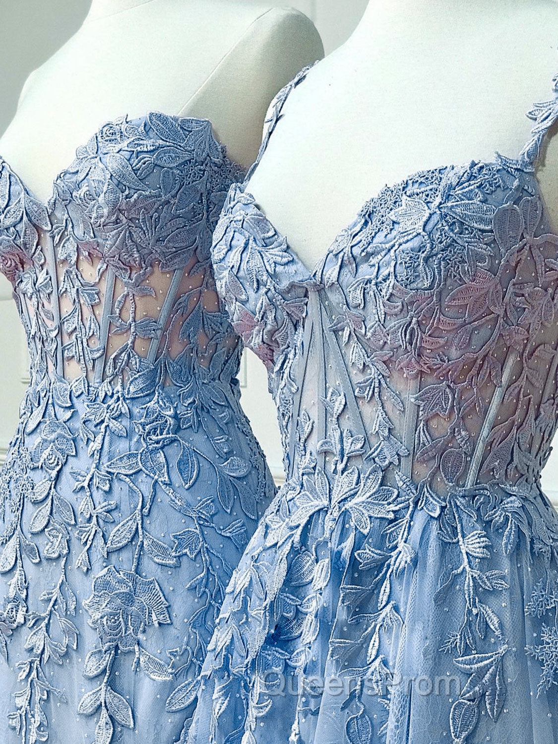 Blue Sweetheart Neck Lace Long Evening Prom Dress, Blue Lace Graduation Dress
