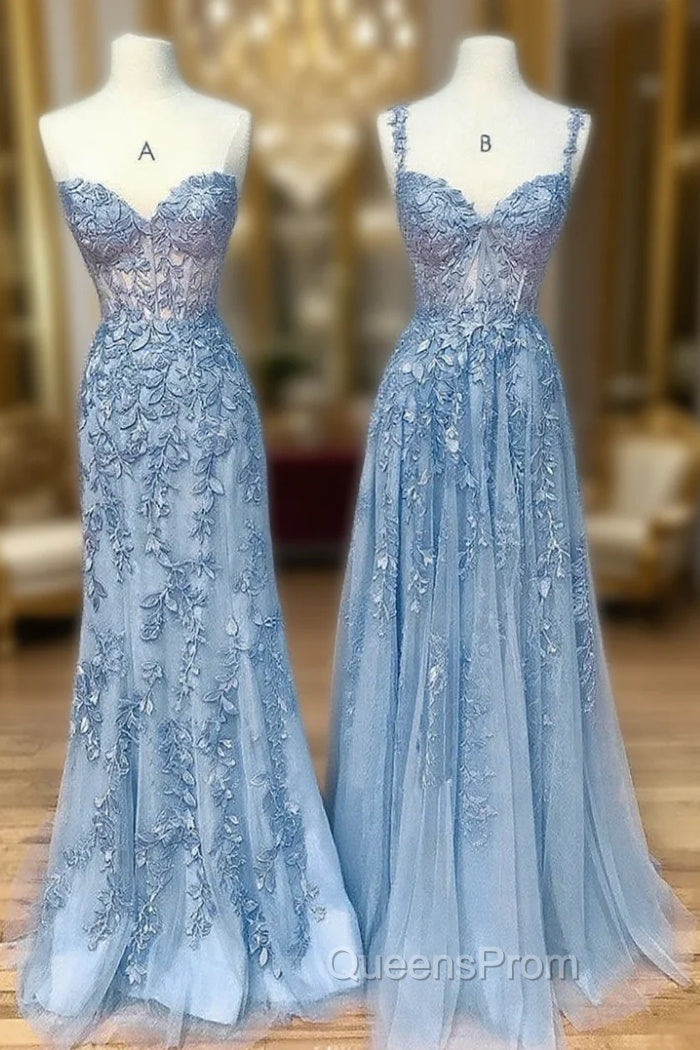Blue Sweetheart Neck Lace Long Evening Prom Dress, Blue Lace Graduation Dress Main image