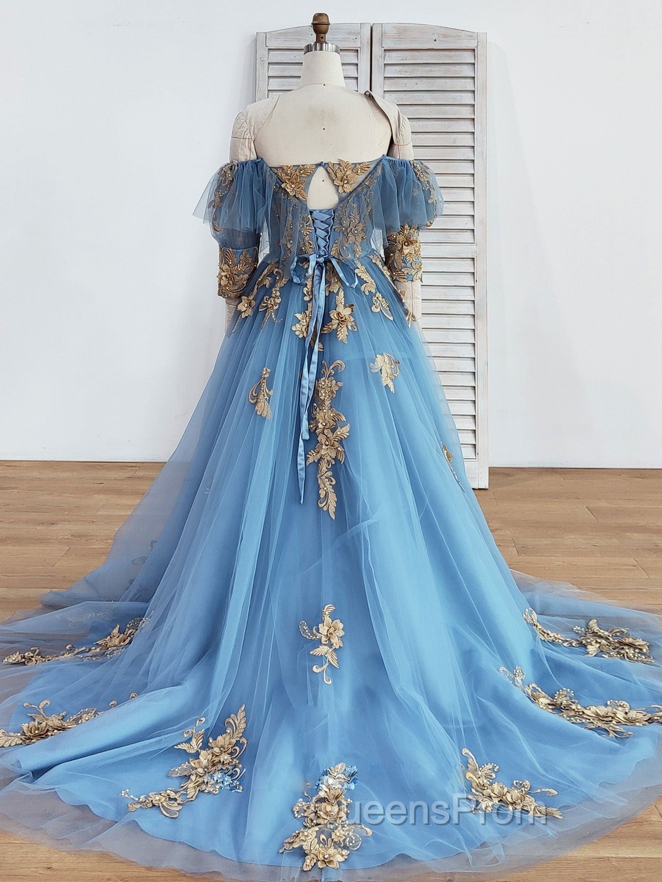Blue Sweetheart Neck Off Shoulder Long Evening Prom Dress, Lace Evening Dress