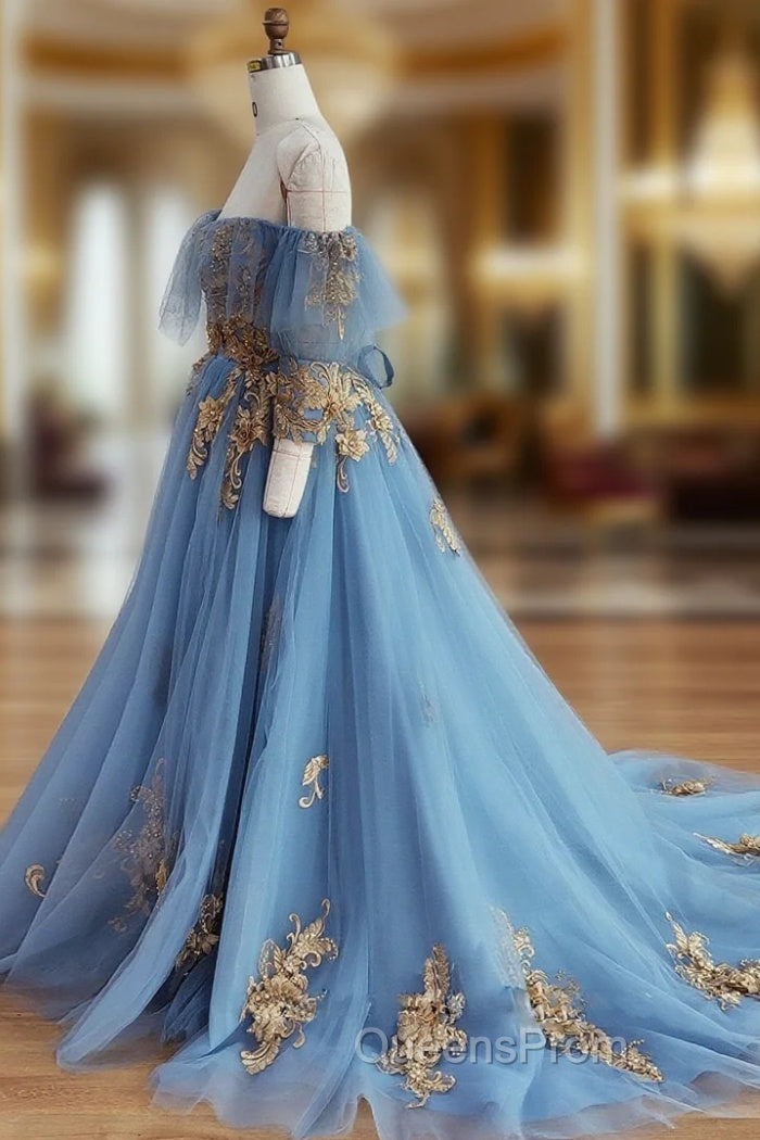 Blue Sweetheart Neck Off Shoulder Long Evening Prom Dress, Lace Evening Dress