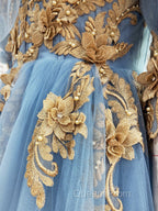 Blue Sweetheart Neck Off Shoulder Long Evening Prom Dress, Lace Evening Dress