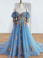 Blue Sweetheart Neck Off Shoulder Long Evening Prom Dress, Lace Evening Dress