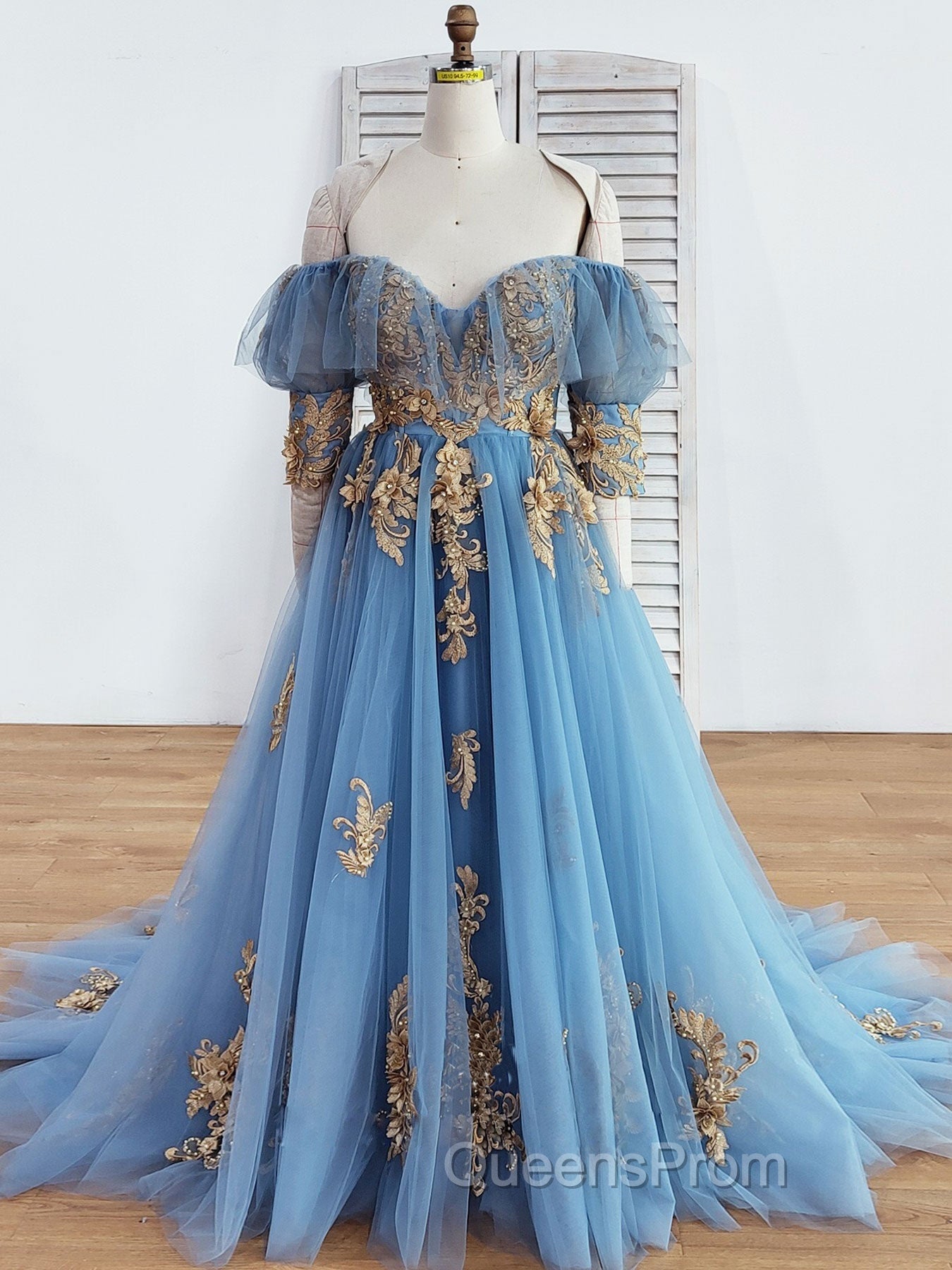 Blue Sweetheart Neck Off Shoulder Long Evening Prom Dress, Lace Evening Dress