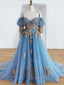 Blue Sweetheart Neck Off Shoulder Long Evening Prom Dress, Lace Evening Dress