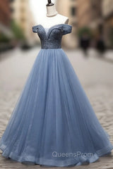 Blue Sweetheart Neck Tulle Beads Off Shoulder Long Evening Prom Dress