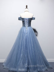 Blue Sweetheart Neck Tulle Beads Off Shoulder Long Evening Prom Dress