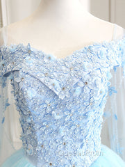 Blue Sweetheart Neck Tulle Lace Long Evening Prom Dress, Blue Evening Dress