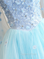 Blue Sweetheart Neck Tulle Lace Long Evening Prom Dress, Blue Evening Dress