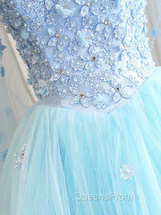 Blue Sweetheart Neck Tulle Lace Long Evening Prom Dress, Blue Evening Dress